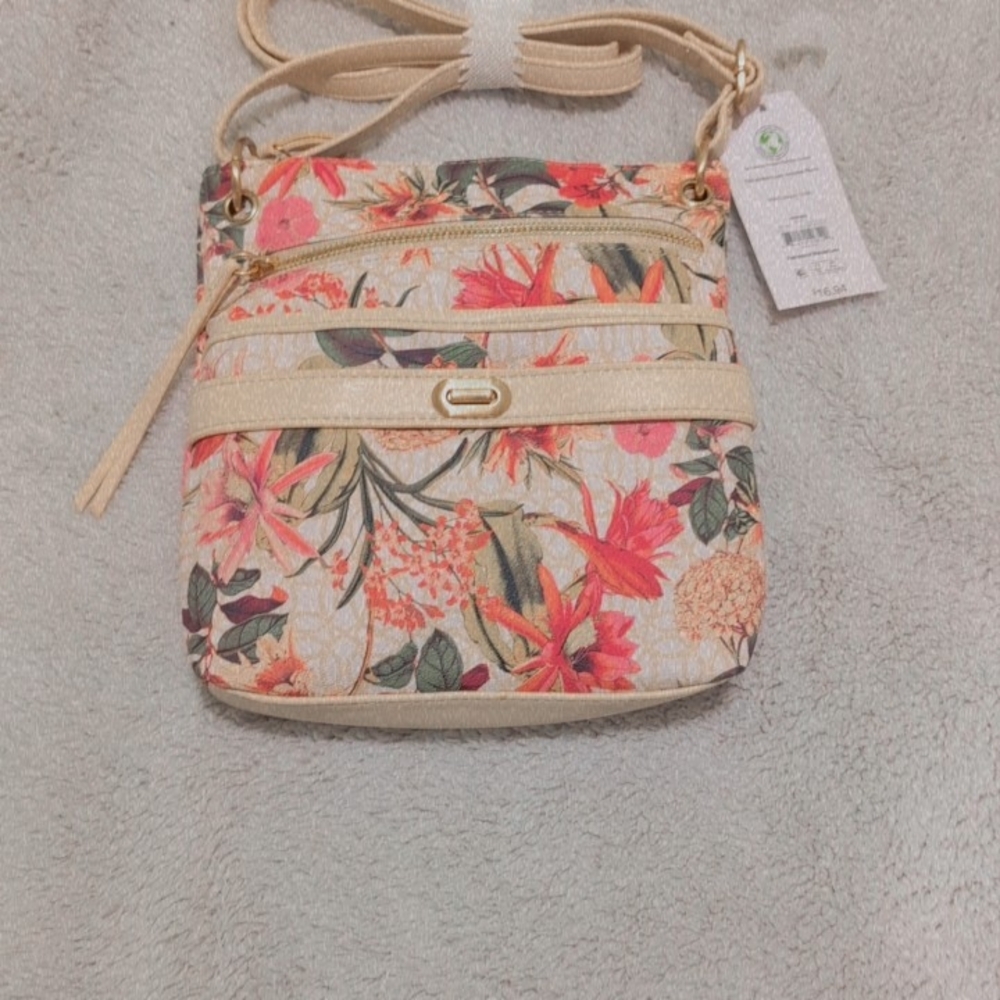 Time and Tru Cream and Red Crossbody Bag with Floral Design